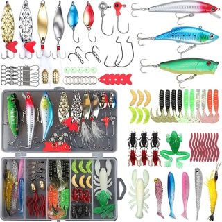 Fishing Lure 79/147/399 pcs Fishing Lures kit Lure Set for Bass Trout Salmon Freshwater Fish Tackle Box Shrimp Worm Bait Spoon Grasshopper Crankbait Jigs Hooks Fishing Gear and Equipment