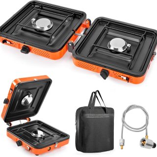 GGC Camping Stove 2 Burner, 20,000 BTU Foldable Camping Stove, Propane Portable Camp Stove with Adjustable Flame, Piezo Ignition & Carry Bag, Portable Stove for Camping, Picnics, and Outdoor Cooking