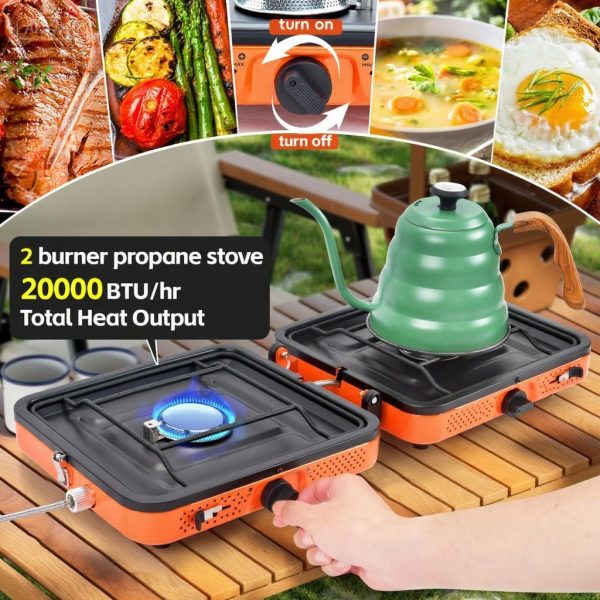 GGC Camping Stove 2 Burner, 20,000 BTU Foldable Camping Stove, Propane Portable Camp Stove with Adjustable Flame, Piezo Ignition & Carry Bag, Portable Stove for Camping, Picnics, and Outdoor Cooking - Image 3