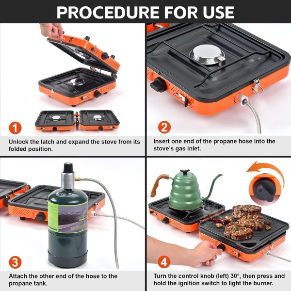 GGC Camping Stove 2 Burner, 20,000 BTU Foldable Camping Stove, Propane Portable Camp Stove with Adjustable Flame, Piezo Ignition & Carry Bag, Portable Stove for Camping, Picnics, and Outdoor Cooking - Image 5